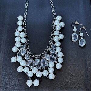 Talbots Vintage Silver Tone MOP and Crystal Bib Necklace Set Statement‎ Coquette